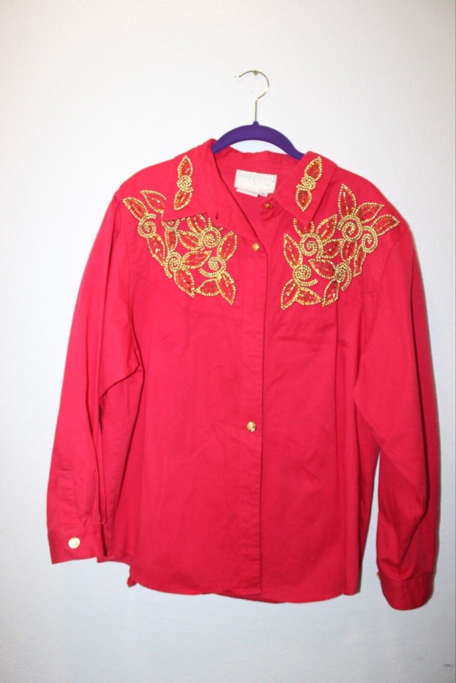 Ivana Trump Shirt Size 18 Red Beaded Blouse Button Down Women's Western Vintage